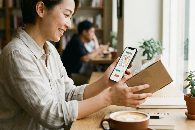 スマートフォンを操作して発送手続きをする日本人、フリマアプリ、デジタル配送
