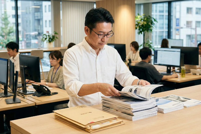 オフィスで大量のDMやカタログを準備する日本人ビジネスマン、法人契約、コスト削減