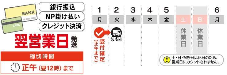 銀行振込・NP掛け払い・クレジット決済は翌営業日発送
